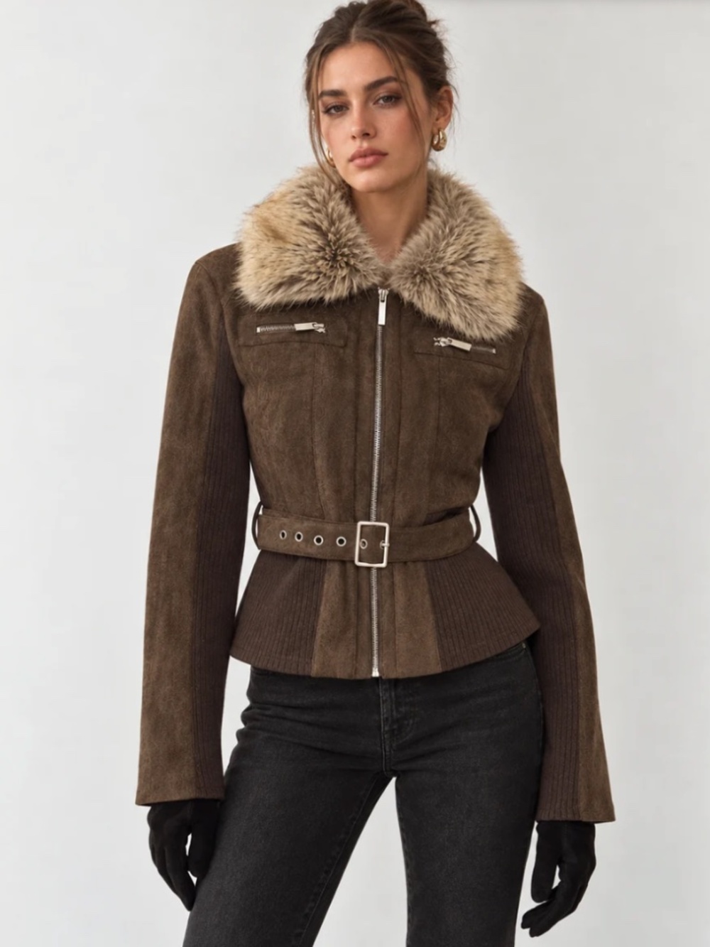 NWT - Faux Fur Collar Knit Panel Suede Effect Jacket